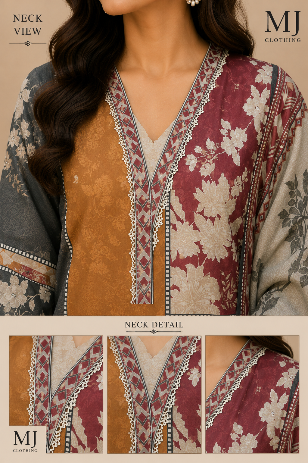 MJ Clothing Premium 3 Piece Stitched Lawn Suit – Mustard, Maroon, Grey & Off-White Printed Casual Wear with Dupatta