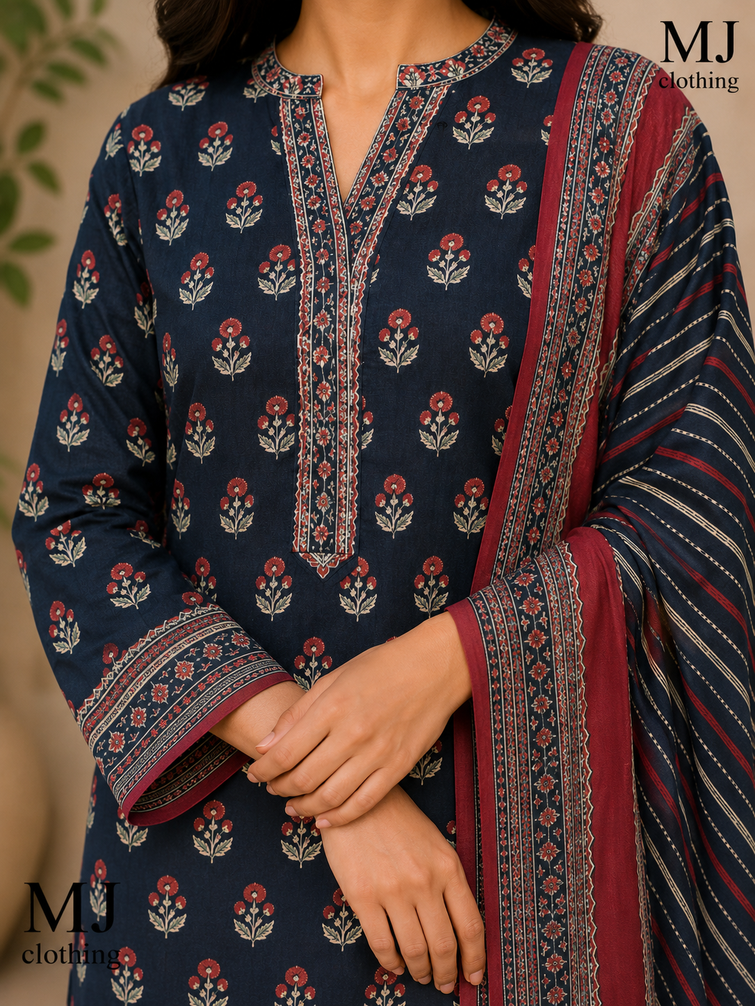 MJ Clothing – Midnight Navy Floral 3 Piece Stitched Suit