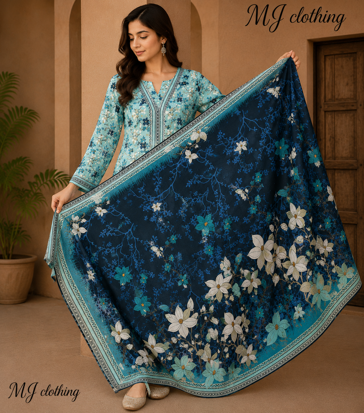 MJ Clothing Aqua Bloom | 3 Piece Stitched Suit – Aqua Blue Floral Premium Collection