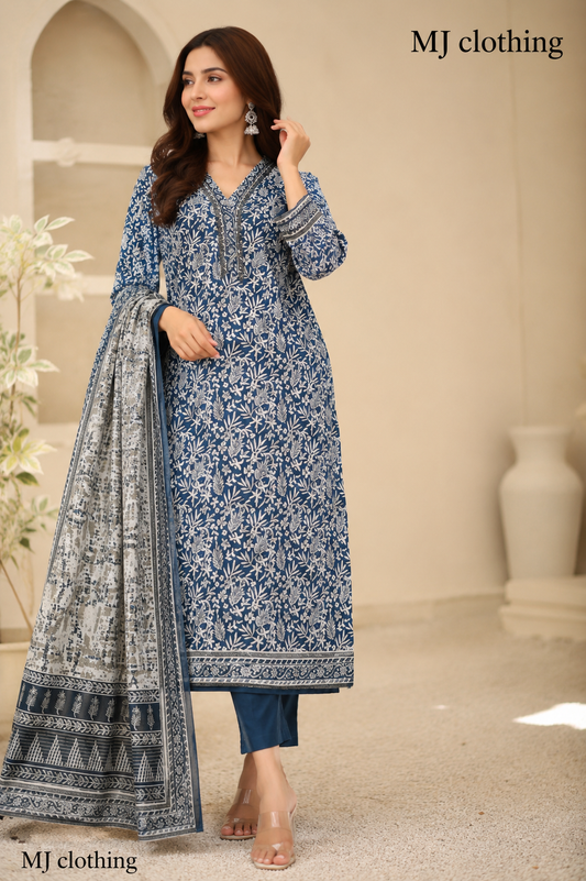MJ Clothing Blue Floral Print 3 Piece Stitched Suit β Premium Casual Wear