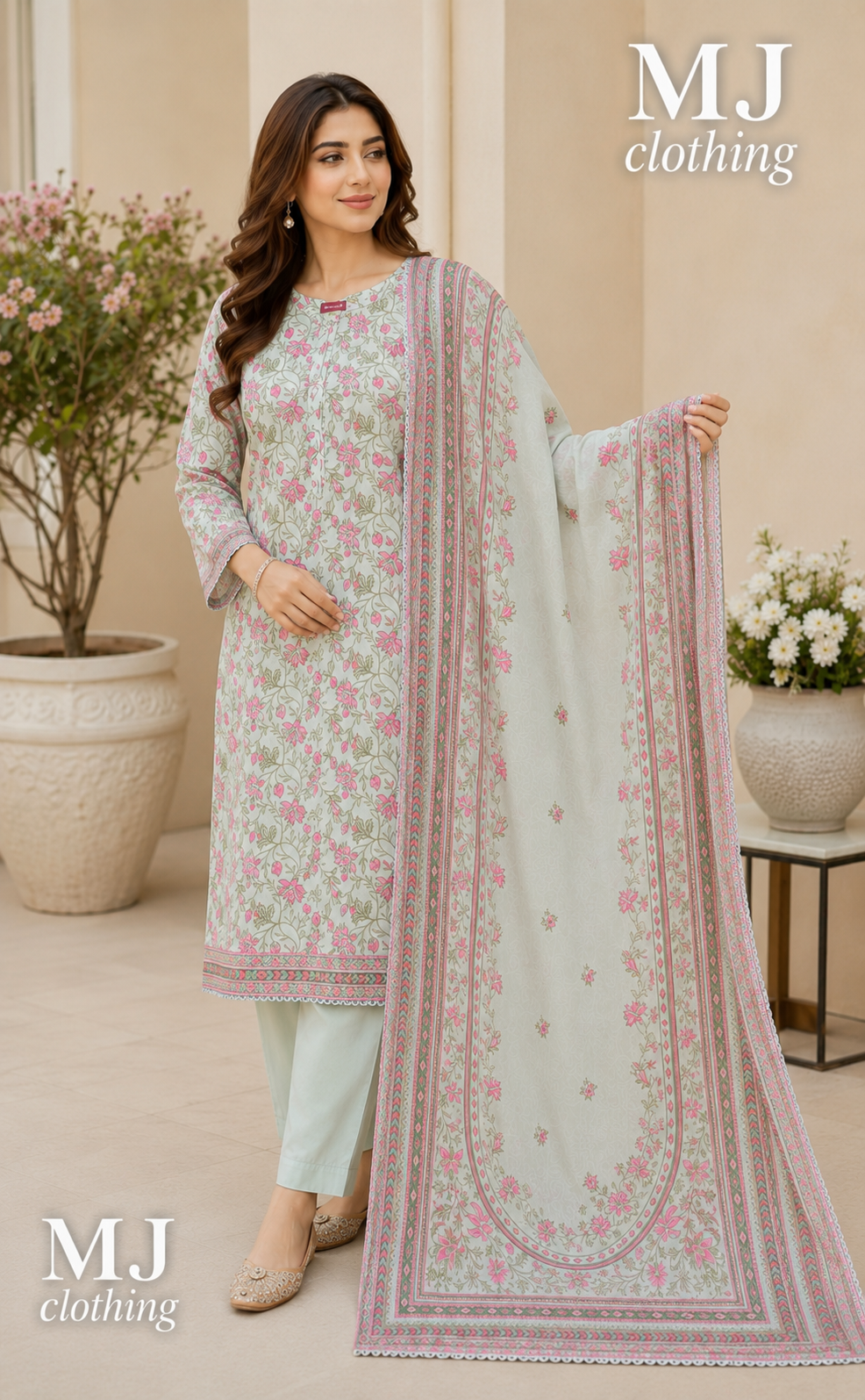 MJ Clothing Mint Green Floral 3 Piece Stitched Suit – Premium Lawn Casual Wear