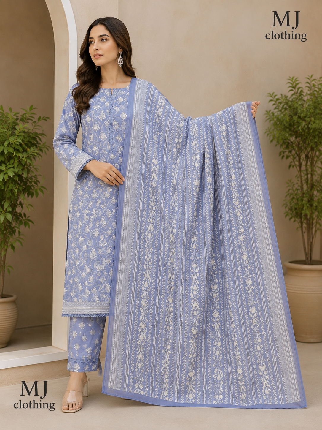 MJ Clothing – Dusty Periwinkle Blue Floral 3 Piece Stitched Suit | Premium Ready-to-Wear Collection
