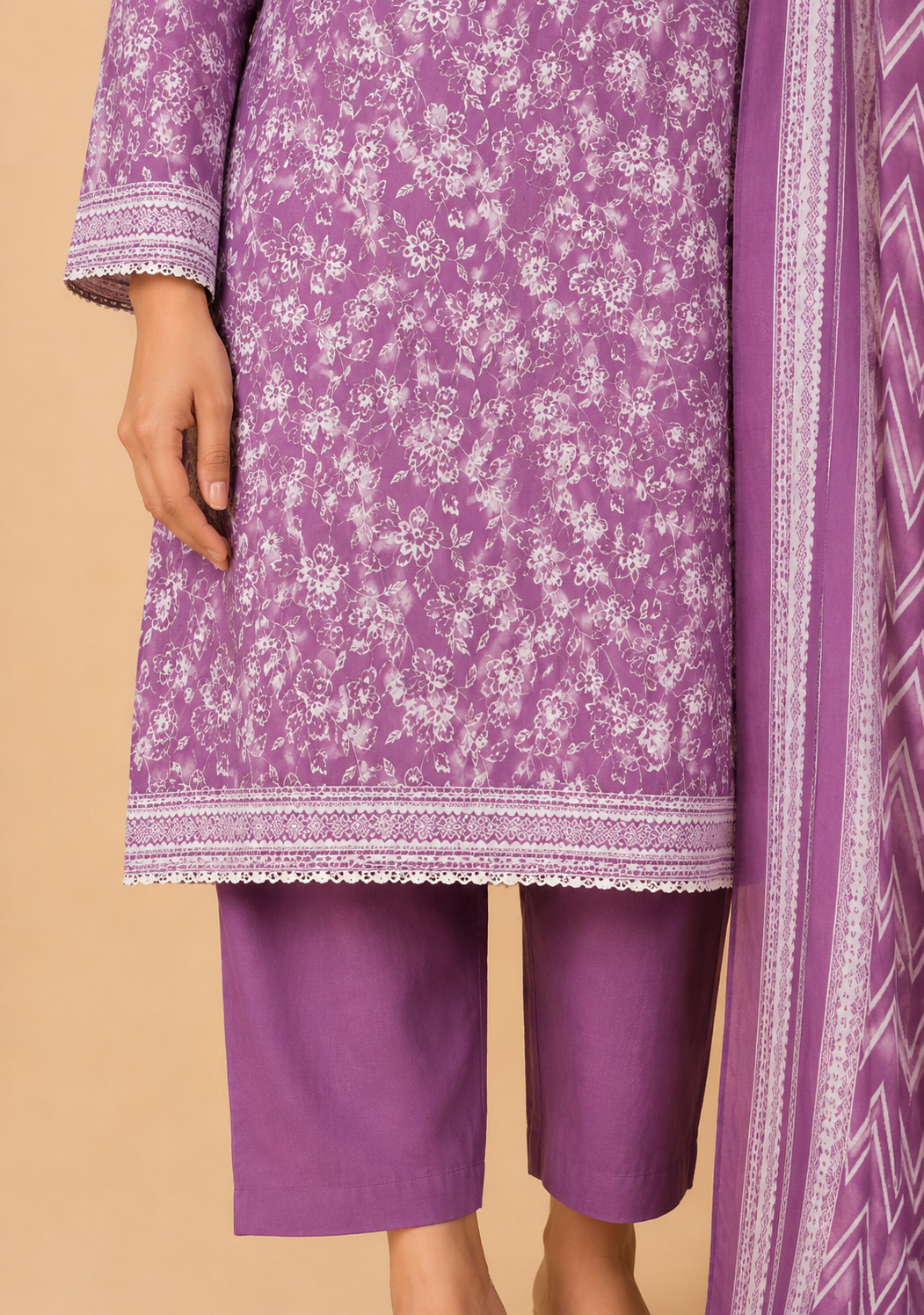 MJ Clothing Premium Purple Floral Printed Lawn 3 Piece Suit with Chevron Dupatta – Casual Wear