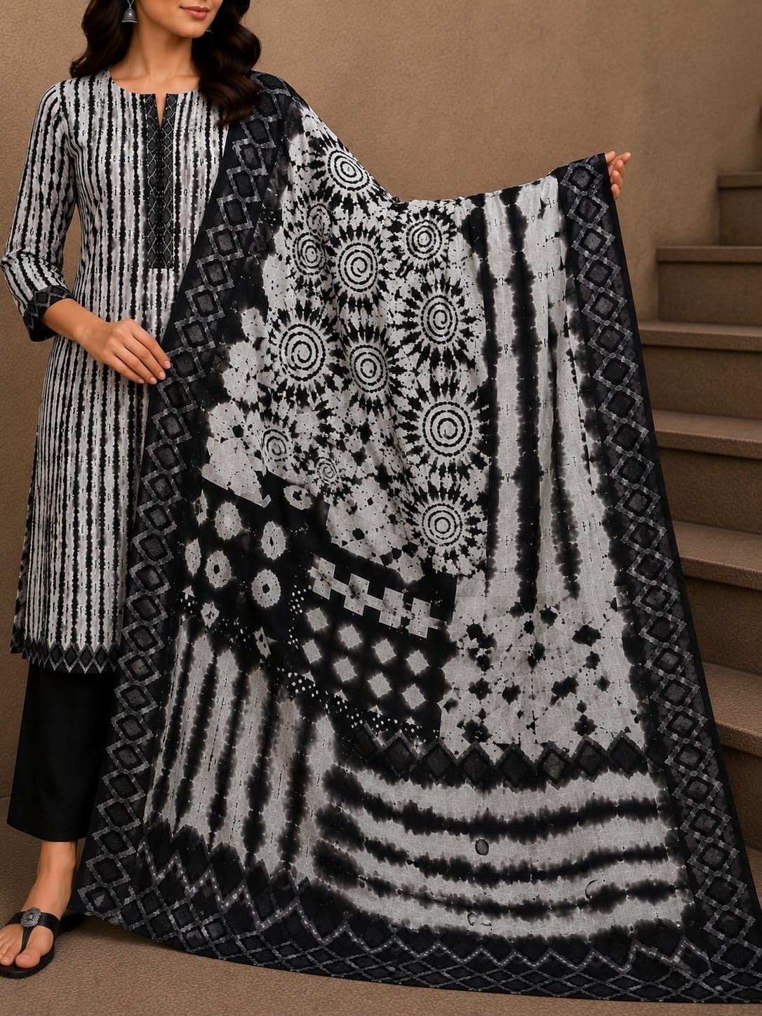 MJ Clothing Premium Black & White Printed Casual Wear 3-Piece Suit for Women