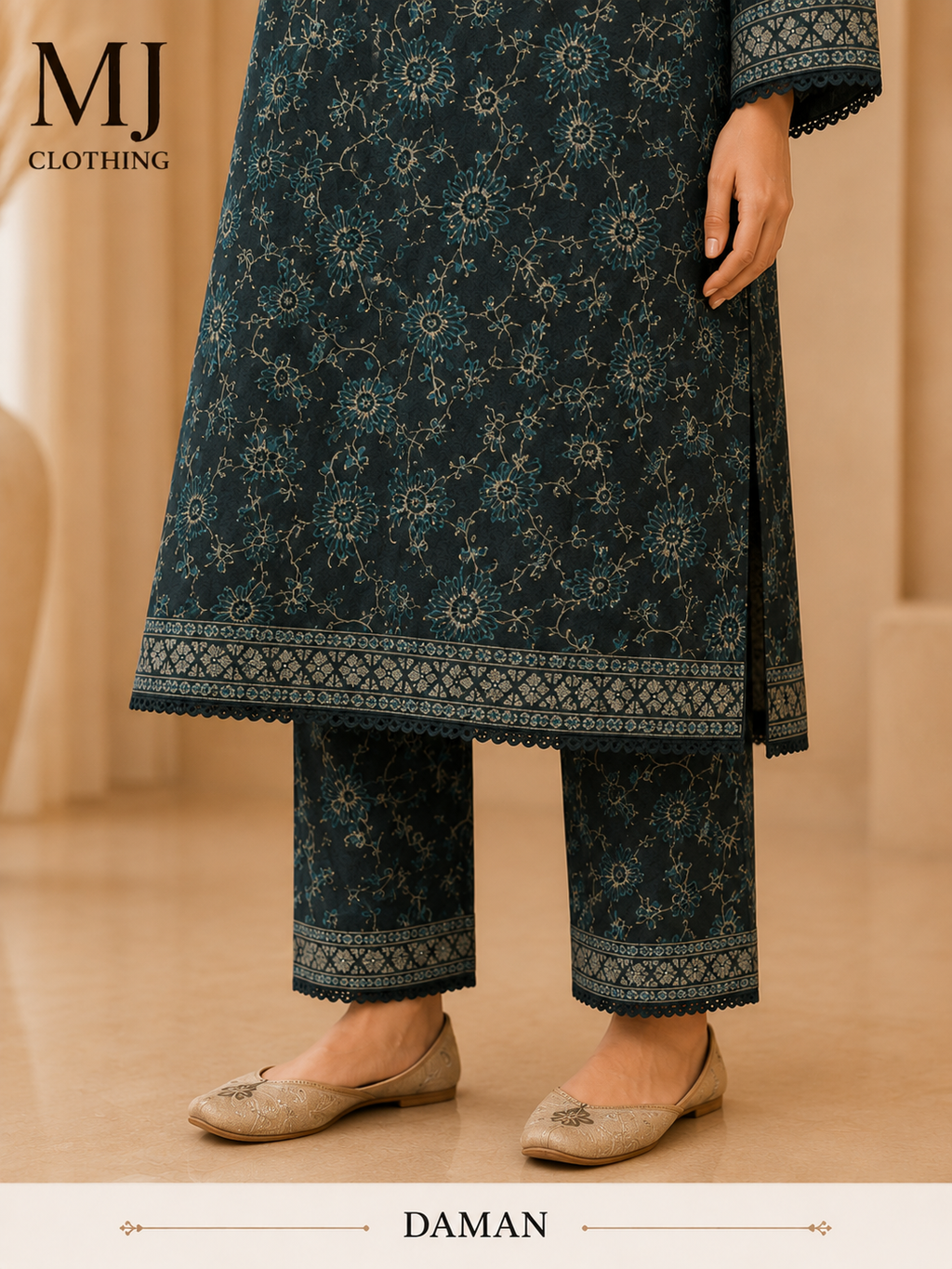 Dark Teal Botanical Print 2-Piece Kurta Set