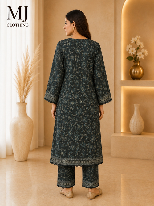 Dark Teal Botanical Print 2-Piece Kurta Set