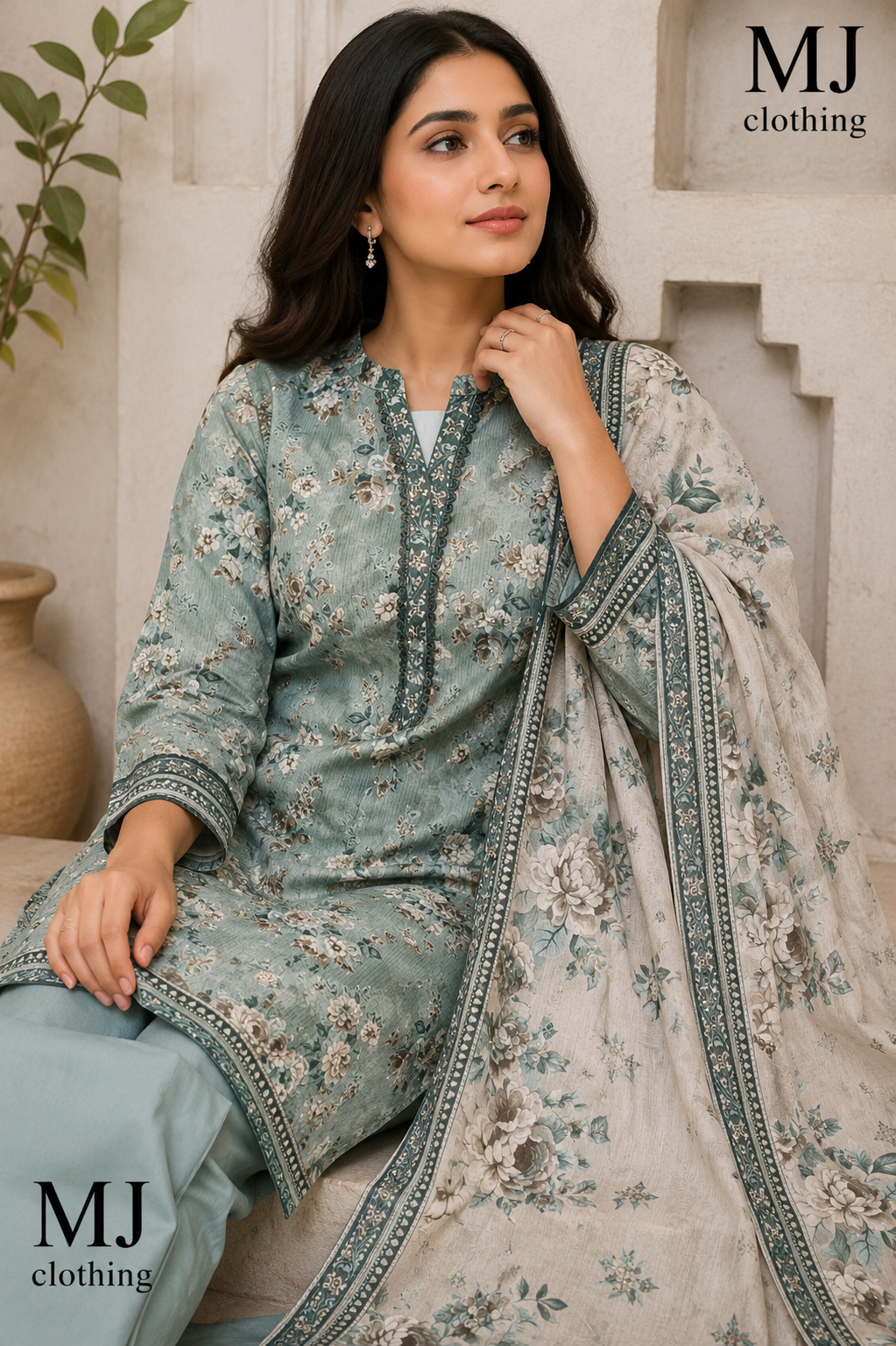 MJ Clothing | Sage Bloom 3 Piece Premium Printed Suit