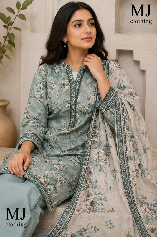MJ Clothing | Sage Bloom 3 Piece Premium Printed Suit
