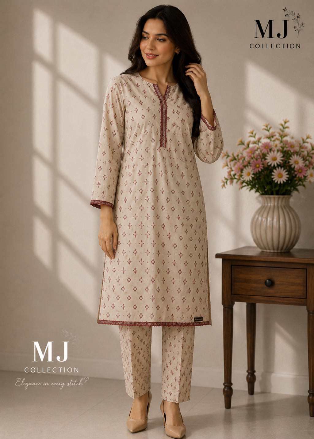 MJ Clothing Classic Beige Printed Co-Ord Set