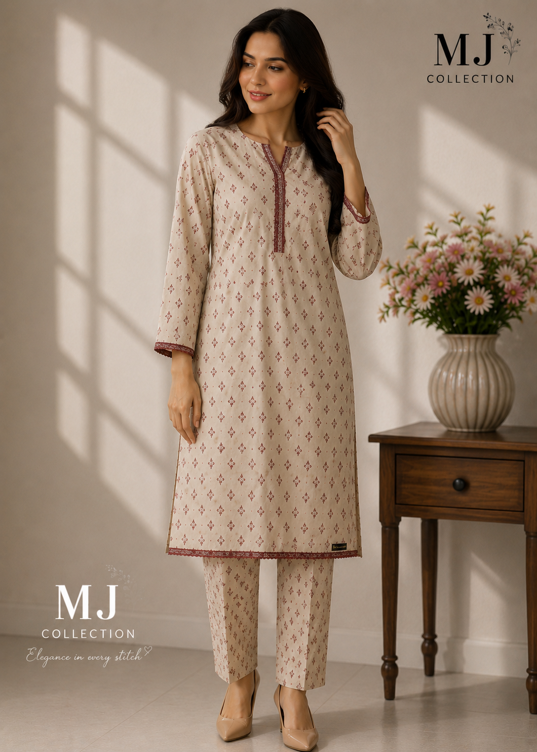 MJ Clothing Classic Beige Printed Co-Ord Set