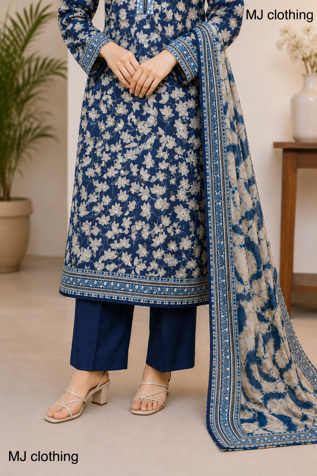 MJ Clothing Navy Blue Floral 3 Piece Stitched Suit – Premium Casual Wear for Women