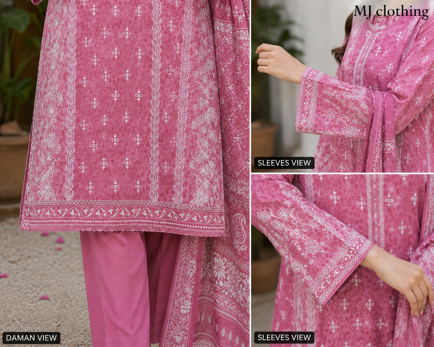 MJ Clothing Dusty Rose Pink 3 Piece Stitched Suit – Premium Casual Wear for Women