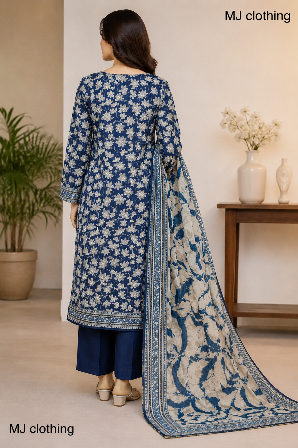 MJ Clothing Navy Blue Floral 3 Piece Stitched Suit – Premium Casual Wear for Women