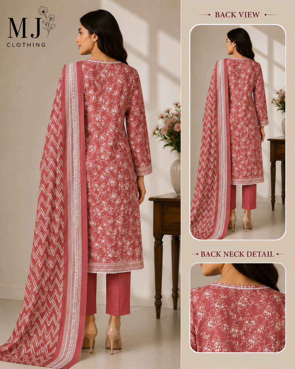 Rose Blush Floral Casual Wear – 3 Piece Printed Shalwar Qameez Set ✨