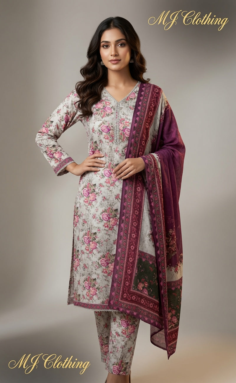 MJ Clothing Premium Floral Casual Wear 3 Piece Suit | Soft Lawn Fabric with Printed Dupatta