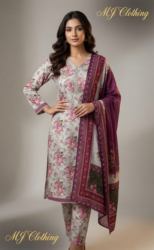 MJ Clothing Premium Floral Casual Wear 3 Piece Suit | Soft Lawn Fabric with Printed Dupatta