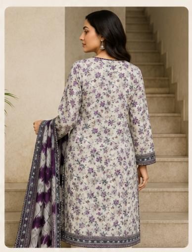 Purple Floral Premium Lawn 3 Piece Stitched Suit with Printed Dupatta | Casual Wear | MJ Clothing