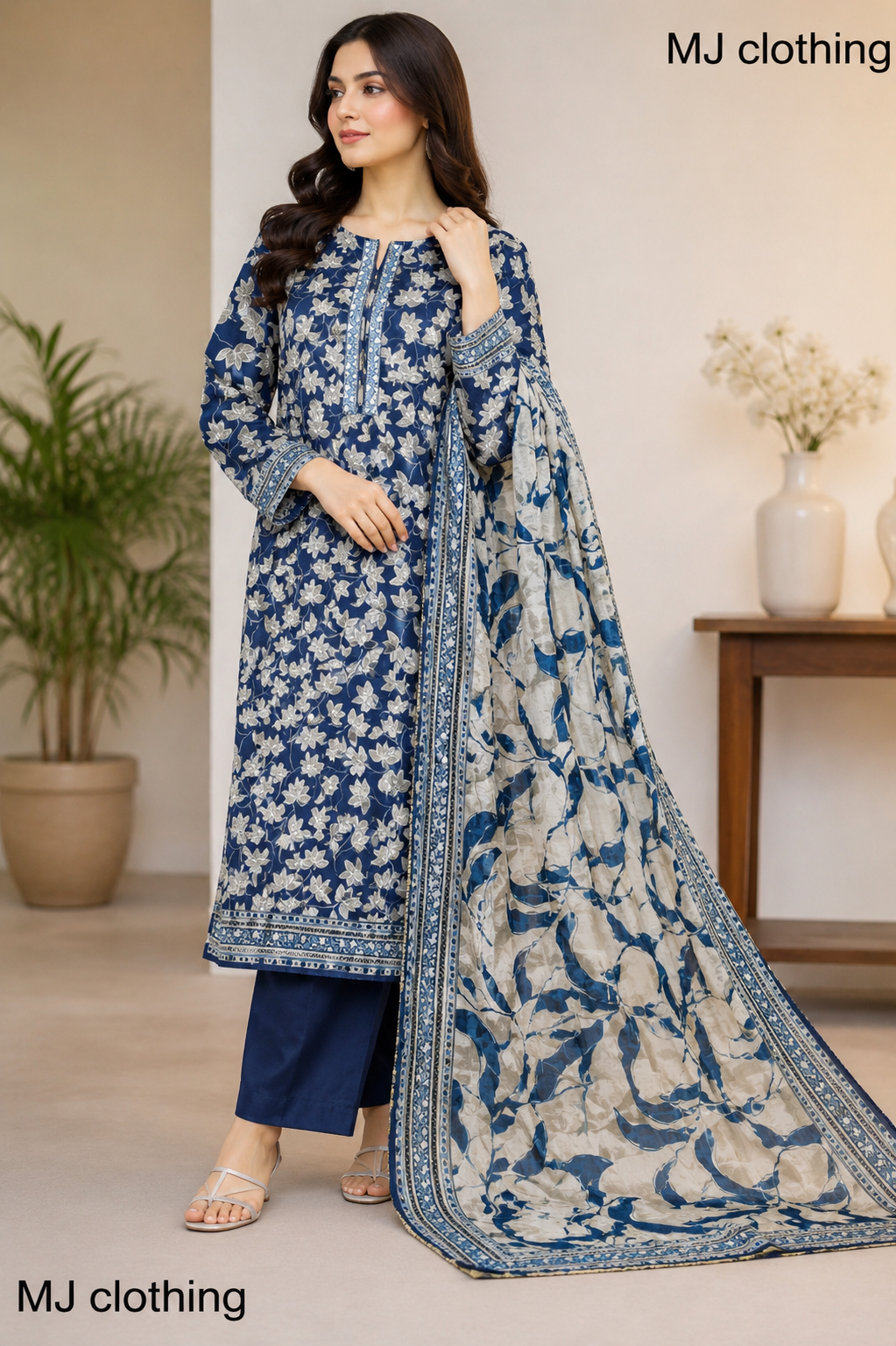 MJ Clothing Navy Blue Floral 3 Piece Stitched Suit – Premium Casual Wear for Women