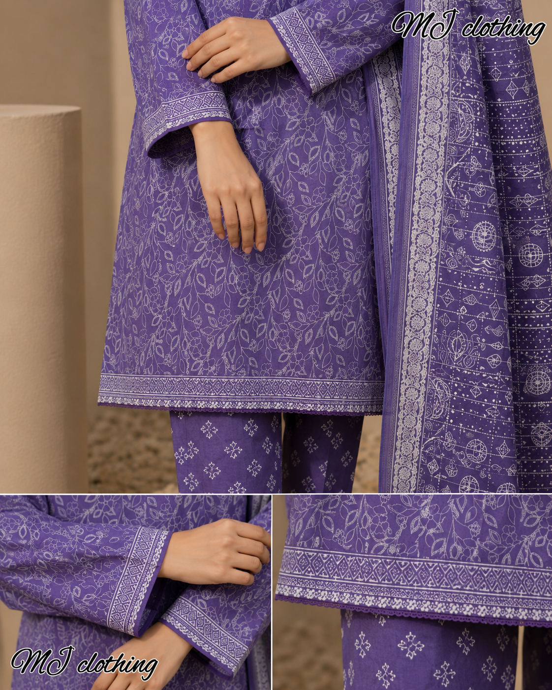 MJ Clothing Purple Bloom | 3 Piece Stitched Suit – Premium Casual Wear for Women