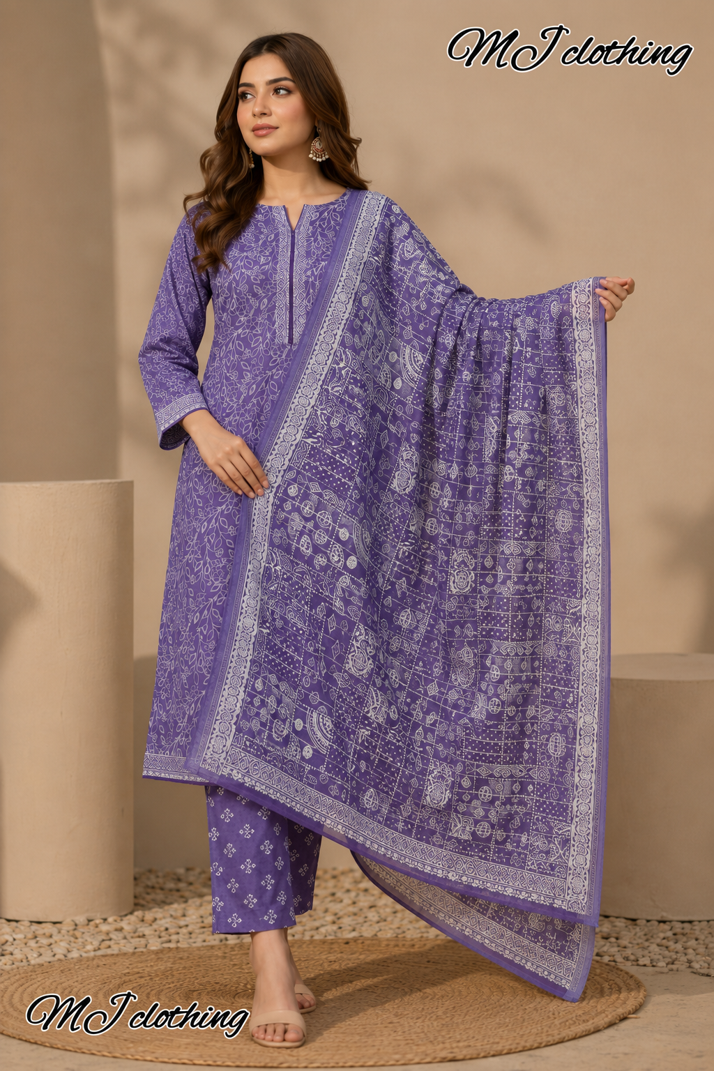 MJ Clothing Purple Bloom | 3 Piece Stitched Suit – Premium Casual Wear for Women