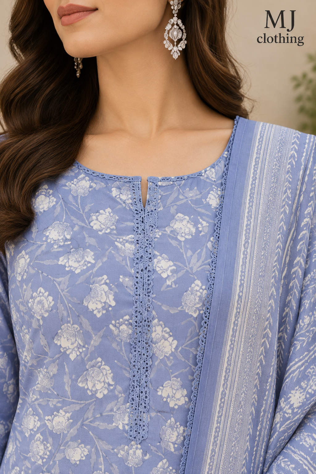 MJ Clothing – Dusty Periwinkle Blue Floral 3 Piece Stitched Suit | Premium Ready-to-Wear Collection