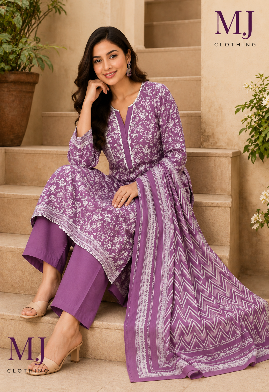 MJ Clothing Premium Purple Floral Printed Lawn 3 Piece Suit with Chevron Dupatta – Casual Wear