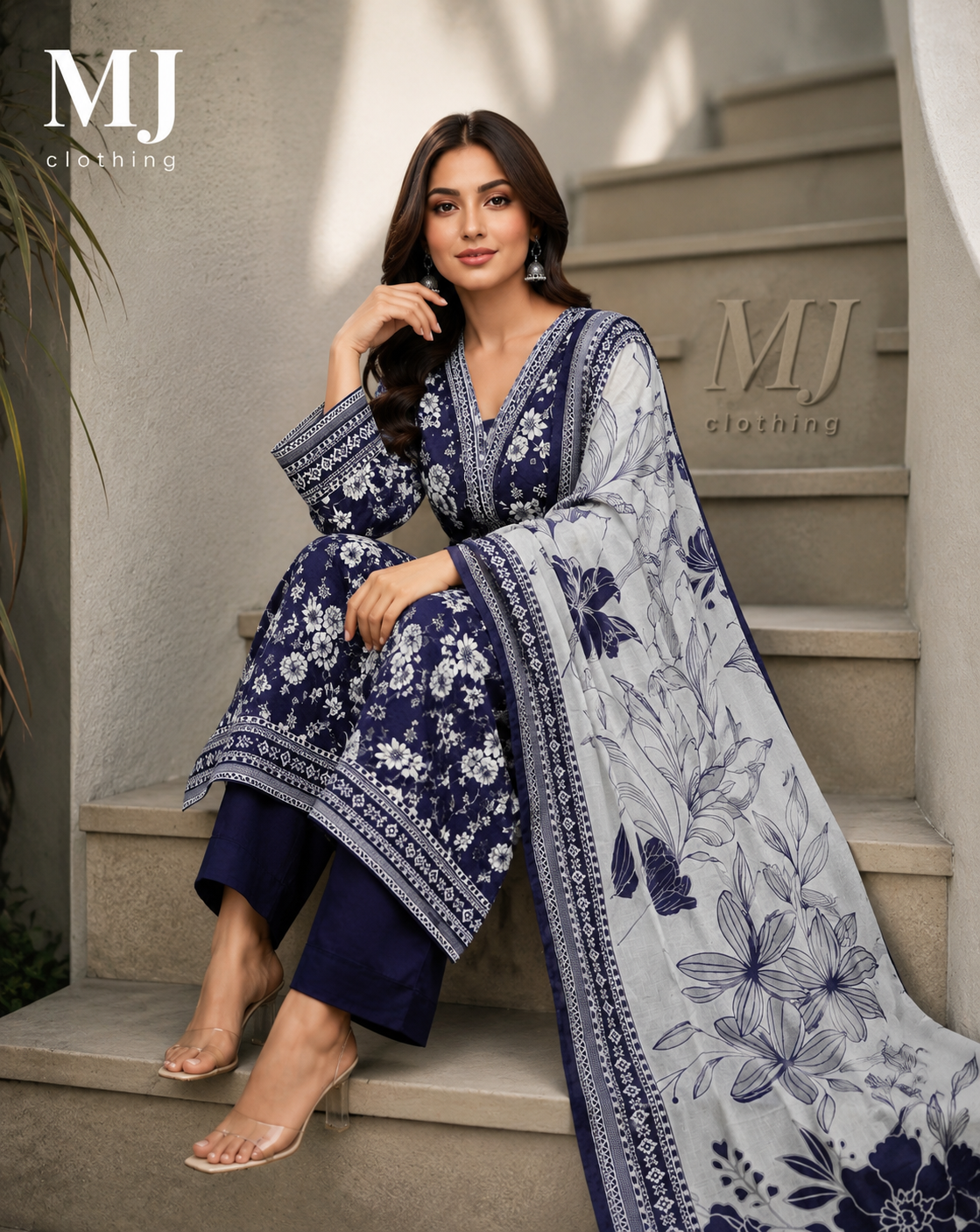 MJ Clothing Navy Blue Floral 3 Piece Stitched Lawn Suit | Premium Casual Wear