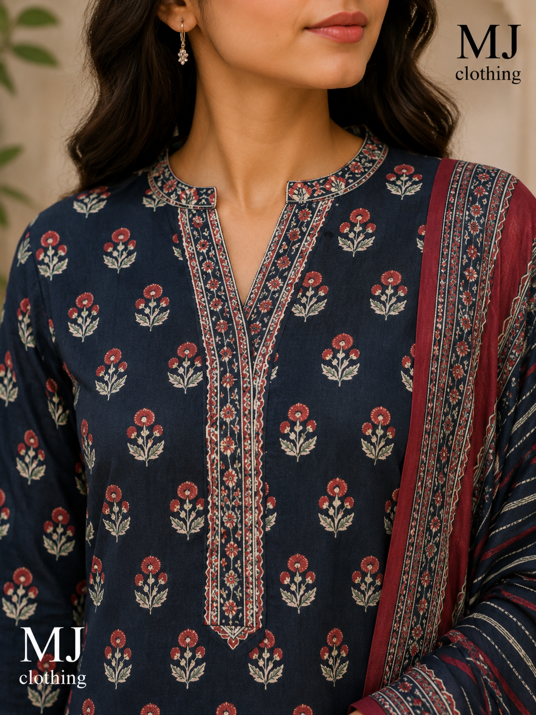 MJ Clothing – Midnight Navy Floral 3 Piece Stitched Suit
