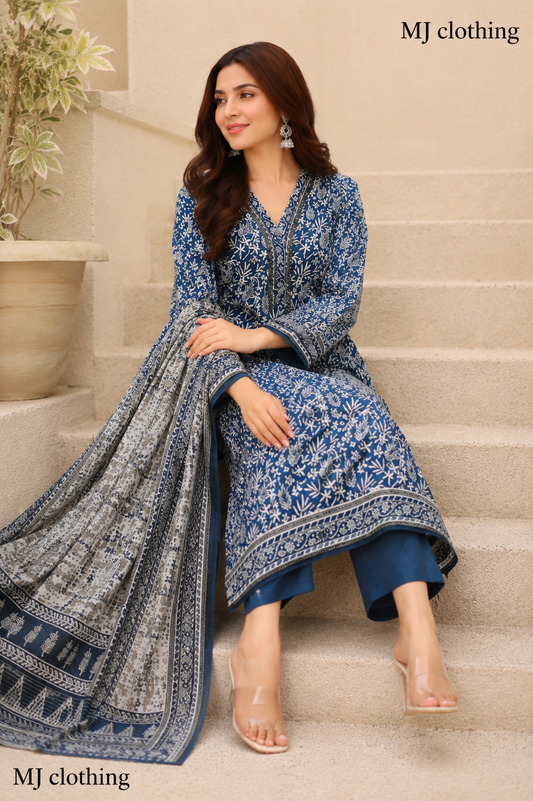 MJ Clothing Blue Floral Print 3 Piece Stitched Suit – Premium Casual Wear