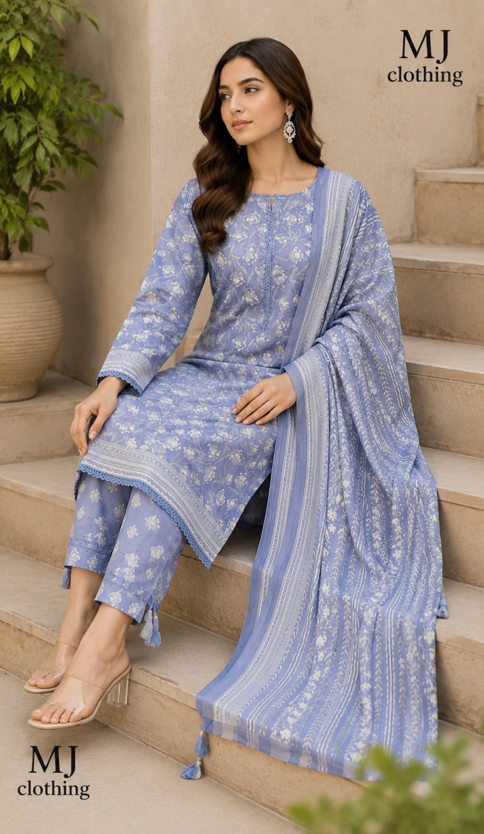 MJ Clothing – Dusty Periwinkle Blue Floral 3 Piece Stitched Suit | Premium Ready-to-Wear Collection