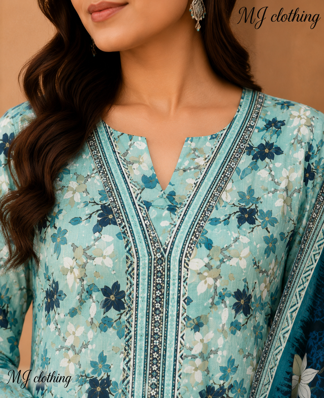 MJ Clothing Aqua Bloom | 3 Piece Stitched Suit – Aqua Blue Floral Premium Collection