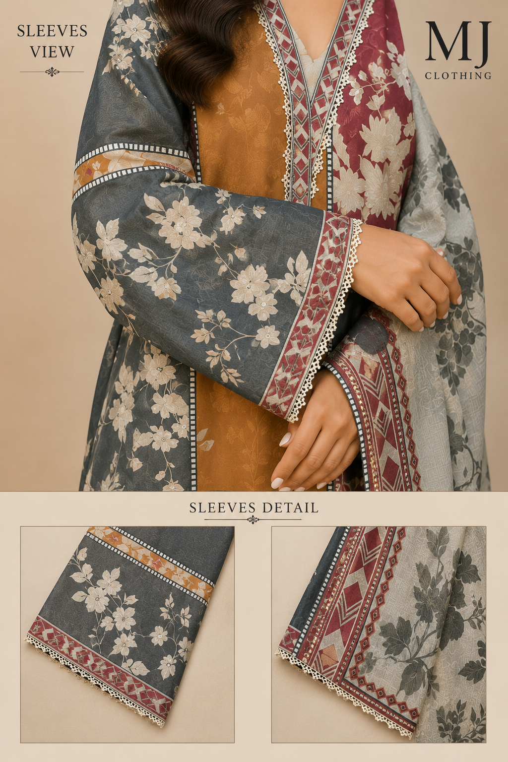 MJ Clothing Premium 3 Piece Stitched Lawn Suit – Mustard, Maroon, Grey & Off-White Printed Casual Wear with Dupatta
