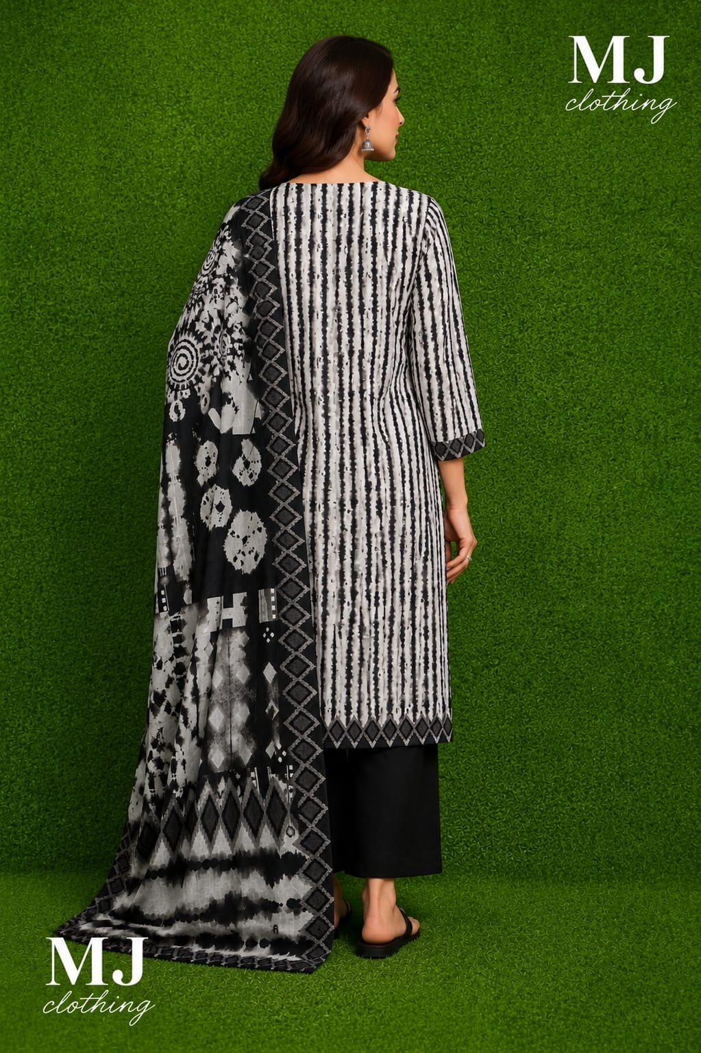 MJ Clothing Premium Black & White Printed Casual Wear 3-Piece Suit for Women