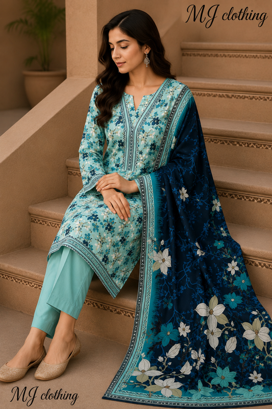 MJ Clothing Aqua Bloom | 3 Piece Stitched Suit – Aqua Blue Floral Premium Collection