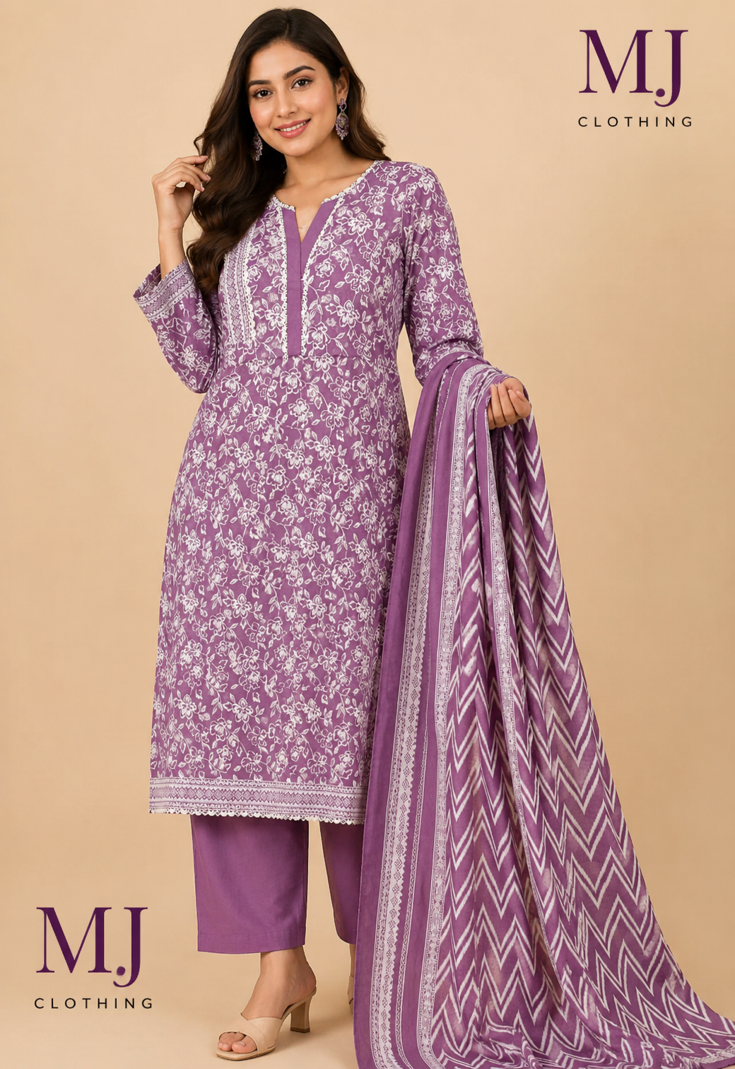 MJ Clothing Premium Purple Floral Printed Lawn 3 Piece Suit with Chevron Dupatta – Casual Wear