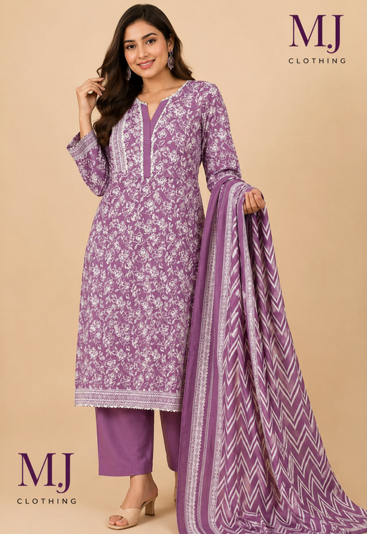 MJ Clothing Premium Purple Floral Printed Lawn 3 Piece Suit with Chevron Dupatta – Casual Wear