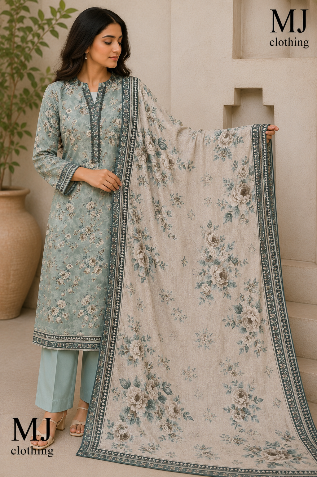 MJ Clothing | Sage Bloom 3 Piece Premium Printed Suit