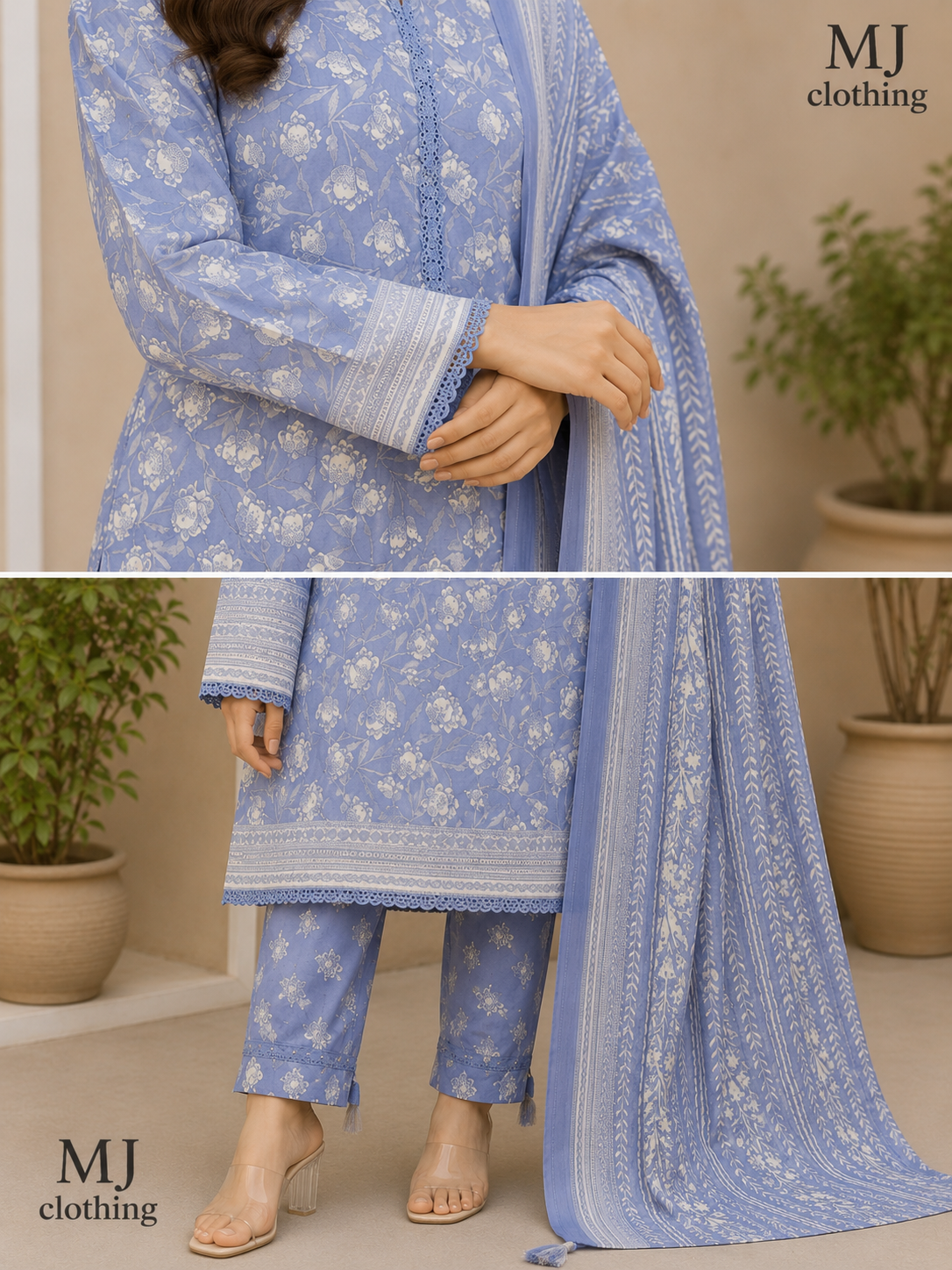MJ Clothing – Dusty Periwinkle Blue Floral 3 Piece Stitched Suit | Premium Ready-to-Wear Collection