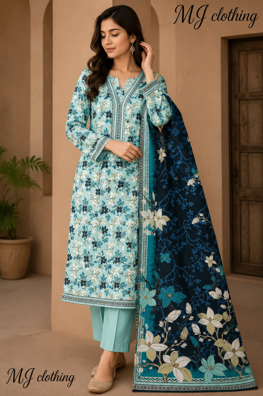 MJ Clothing Aqua Bloom | 3 Piece Stitched Suit – Aqua Blue Floral Premium Collection