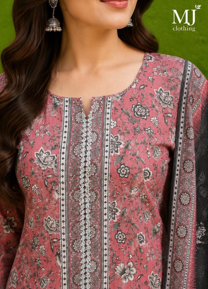 MJ Clothing Premium Pink Floral Printed 3-Piece Casual Wear Lawn Suit with Chiffon Dupatta