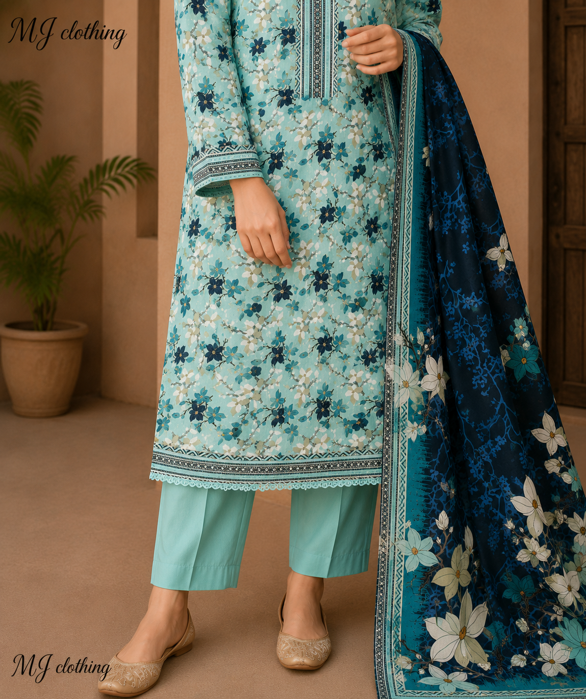 MJ Clothing Aqua Bloom | 3 Piece Stitched Suit – Aqua Blue Floral Premium Collection