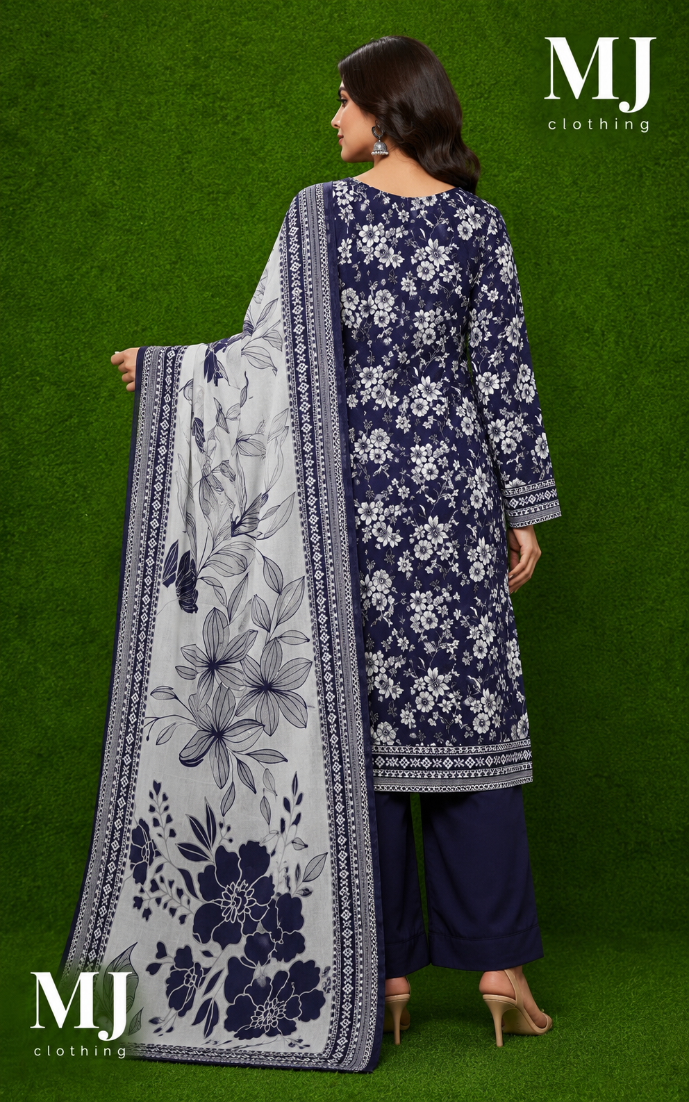 MJ Clothing Navy Blue Floral 3 Piece Stitched Lawn Suit | Premium Casual Wear