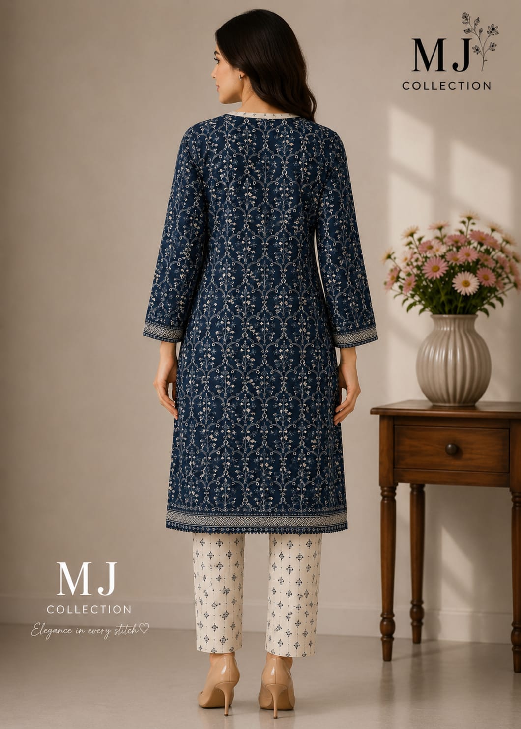 MJ Clothing Navy Blue Printed 2-Piece Suit