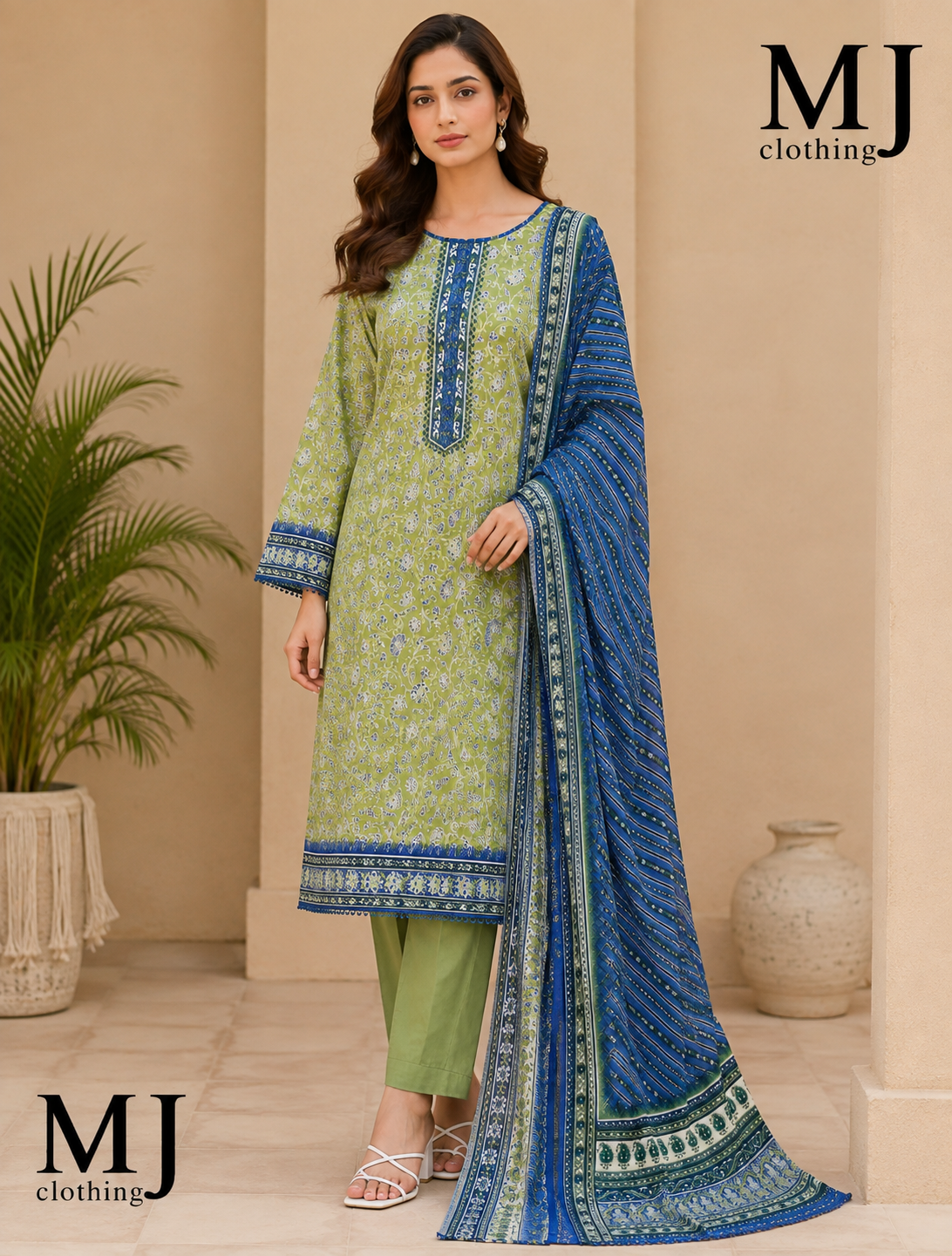 MJ Clothing Olive Green Floral 3 Piece Stitched Suit | Premium Casual Wear