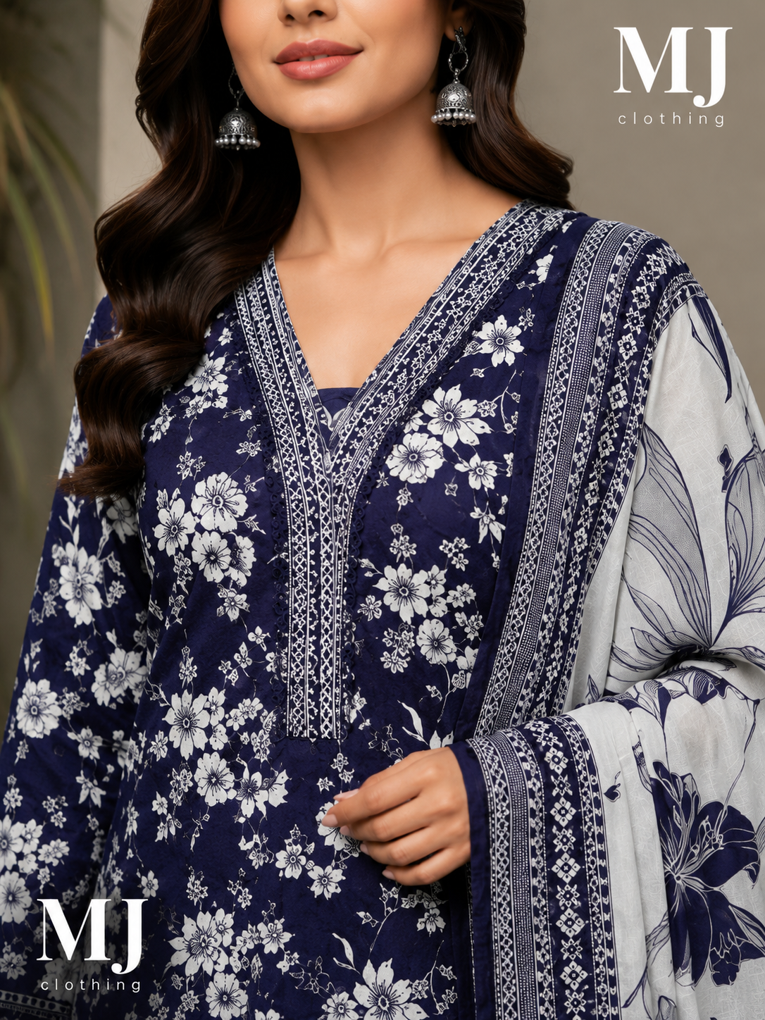 MJ Clothing Navy Blue Floral 3 Piece Stitched Lawn Suit | Premium Casual Wear