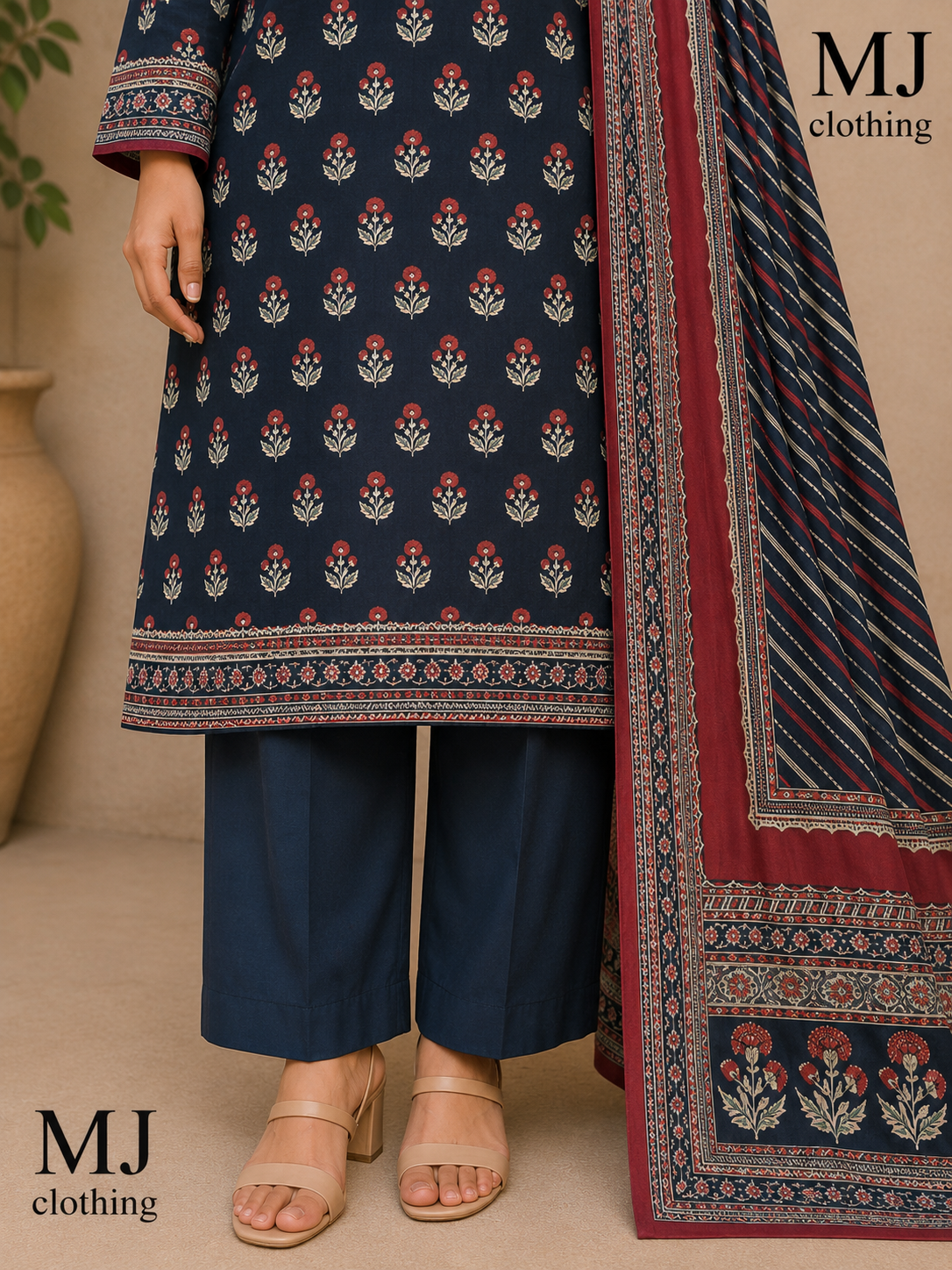 MJ Clothing – Midnight Navy Floral 3 Piece Stitched Suit
