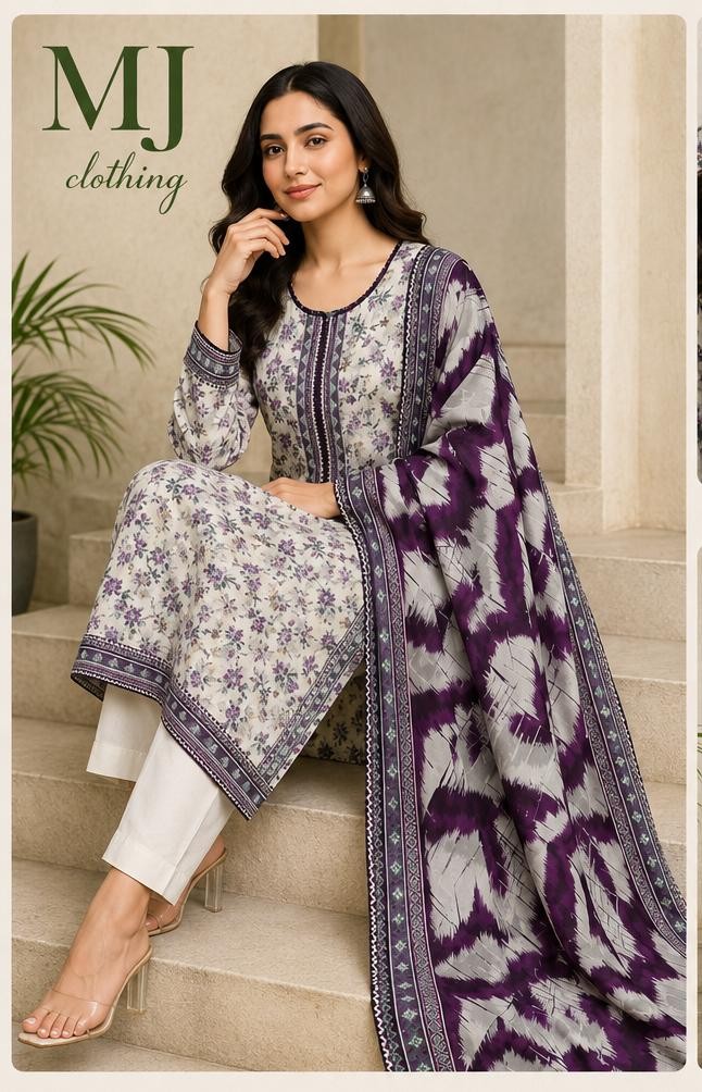 Purple Floral Premium Lawn 3 Piece Stitched Suit with Printed Dupatta | Casual Wear | MJ Clothing