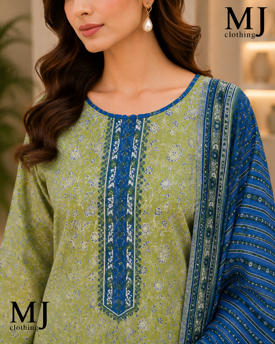 MJ Clothing Olive Green Floral 3 Piece Stitched Suit | Premium Casual Wear