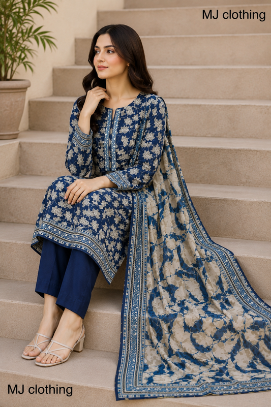 MJ Clothing Navy Blue Floral 3 Piece Stitched Suit – Premium Casual Wear for Women