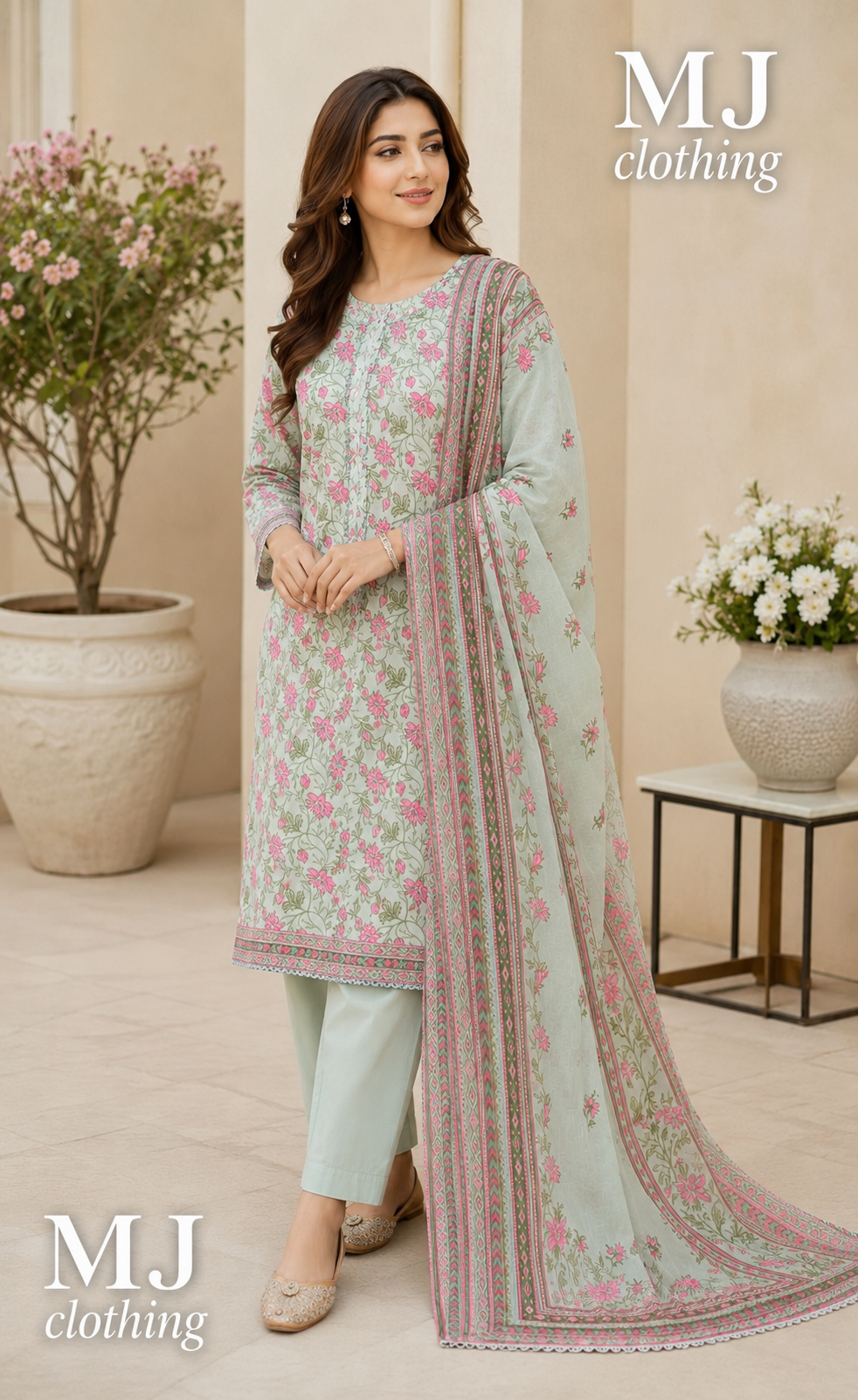 MJ Clothing Mint Green Floral 3 Piece Stitched Suit – Premium Lawn Casual Wear